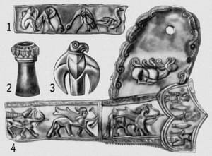  Мельгуновский курган: 1 — золотая пластинка; 2 — серебряное украшение мебели; 3 — бляшка в виде орла; 4 — золотая оковка ножен меча.