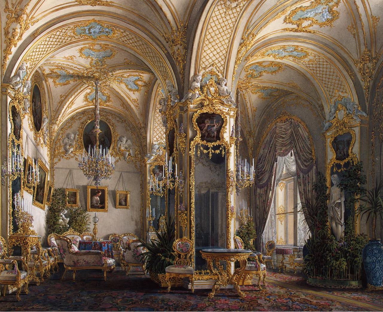 Интерьеры Зимнего дворца. Гостиная в стиле рококо с амурами