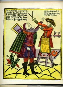 Карикатурa: "Цирюльник хочет раскольнику бороду стричь", Лубок. 1770-е гг.